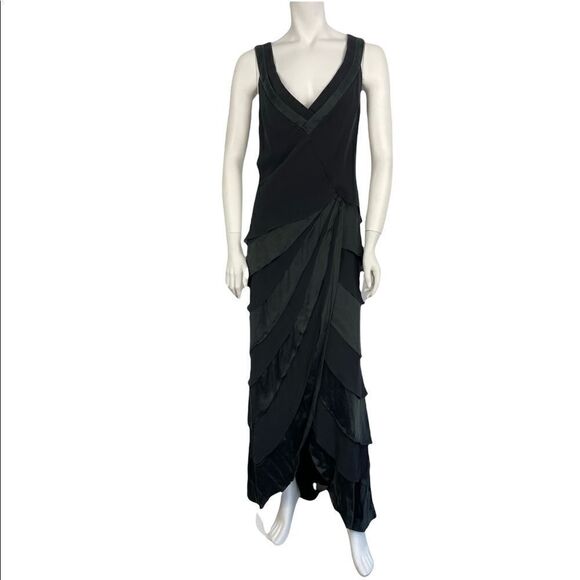 Vintage Tadashi Shoji Black 100% Silk Sleeveless Layered Tiered Draped Gown - Picture 2 of 16